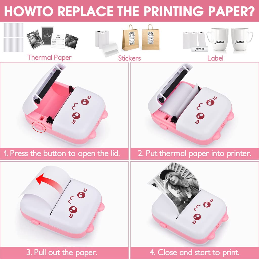 ZORBES Mini Printer, Small Pocket Printer Black and White Printing Bluetooth Thermal Printer Compatible with iOS, Android, Portable Printer with 6 Rolls Printing Paper for Notes, Memos, DIY - Pink ZORBES Mini Printer, Small Pocket Printer Black and White Printing Bluetooth Thermal Printer Compatible with iOS, Android, Portable Printer with 6 Rolls Printing Paper for Notes, Memos, DIY - Pink